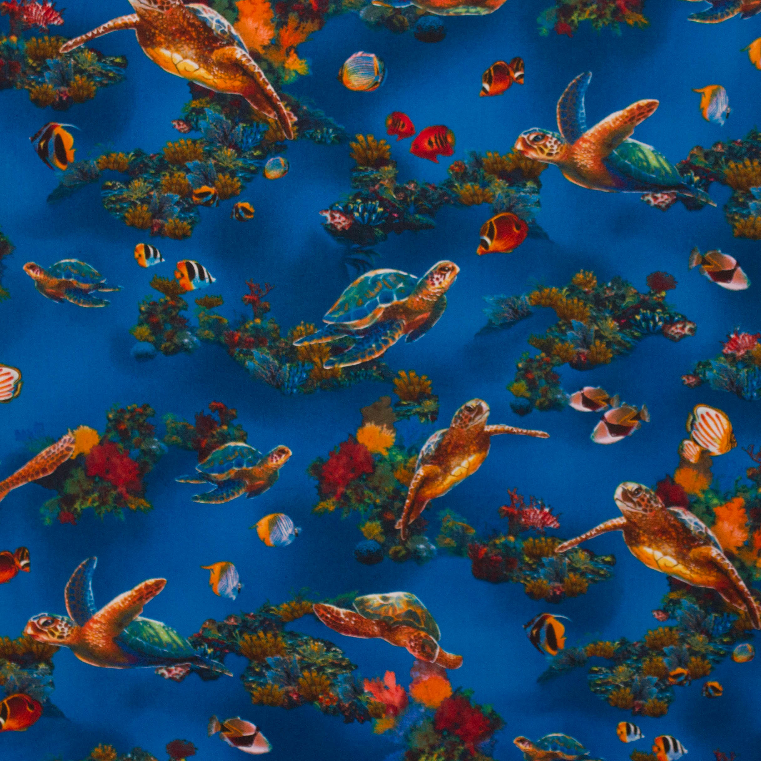 Katoen blauw met oceaanprint met schildpadden en vissen